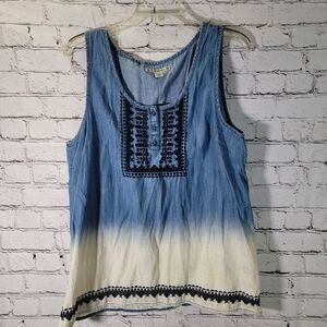 RuffHewn Tank Top Womens Medium Blue White Excellent Ombre‎ Embroidered Boho